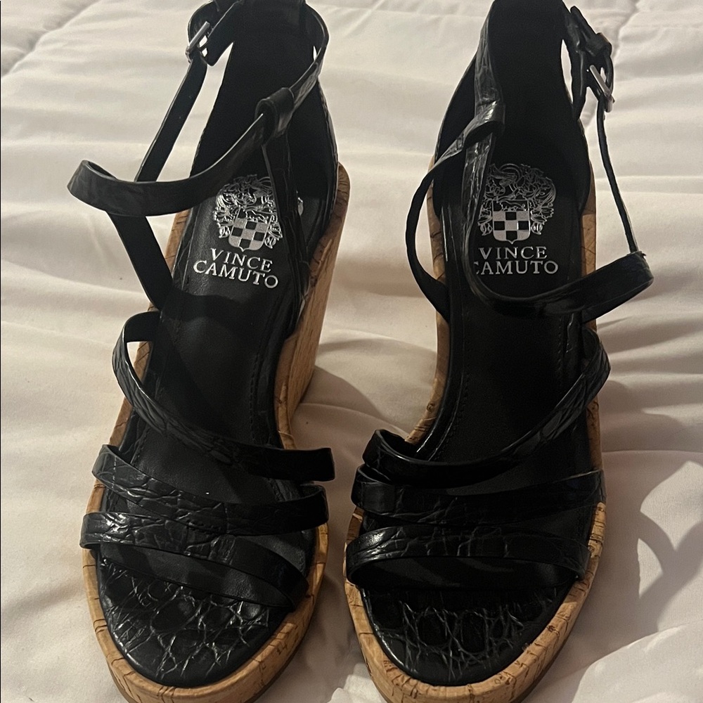 Vince Camuto Black Strappy Wedge Sandals Cork Heel Ankle Strap Dressy